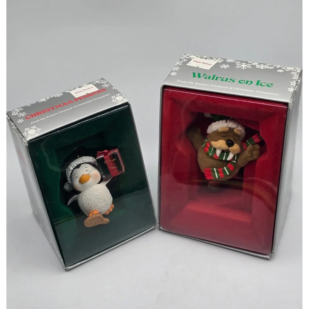 Vintage 80s Enesco Christmas Ornaments 1985 Penguin Walrus Set of 2 w/ Boxes